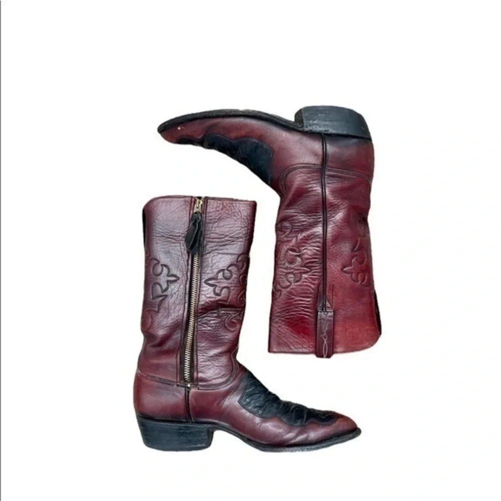 Lucchese 2318 Ostrich Exotic Black Cherry Red Leather Inlay Western Cowboy Boots